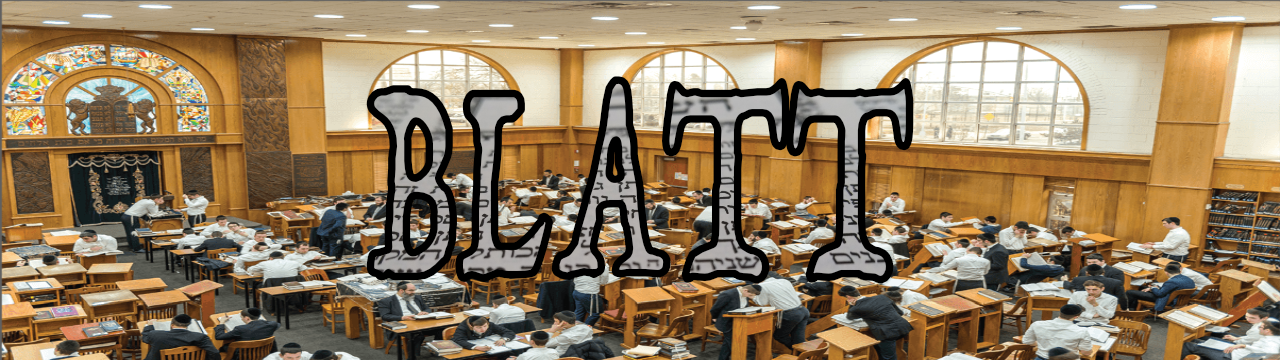 BLATT in graphics superimposed on image of large yeshiva