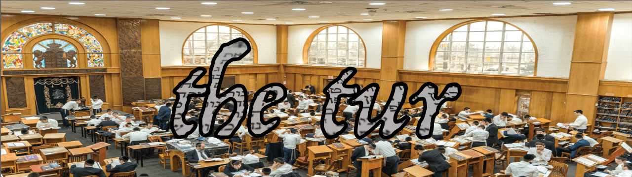 the tur in graphics superimposed on image of large yeshiva